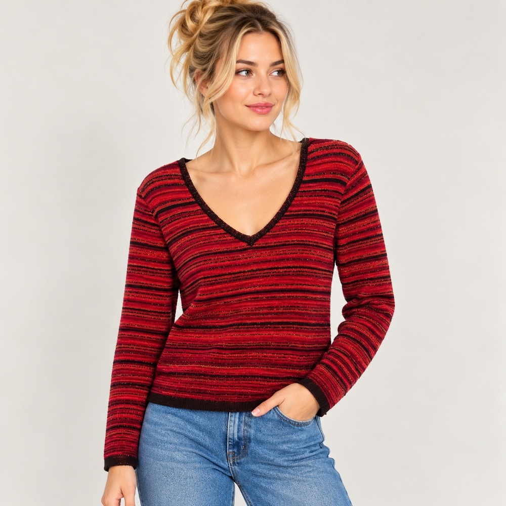 Vintage 90s Pin Up Red Black Metallic Striped Knit Sweater M Made USA Retro Glam